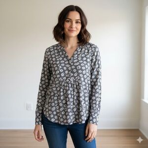 LOFT Charcoal Floral Print Blouse. large NWT